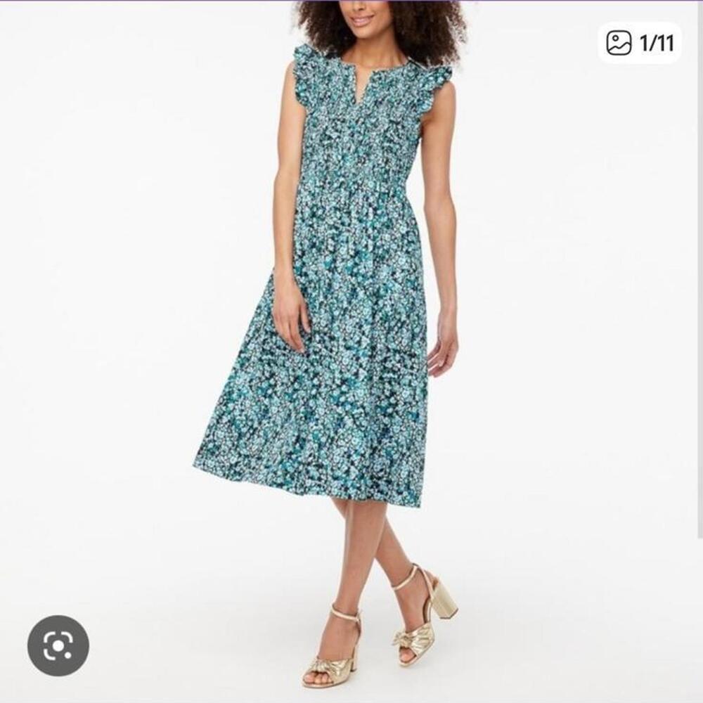 J.Crew Petite Cotton Poplin Smocked Flutter-Sleeve Midi Dress Size M